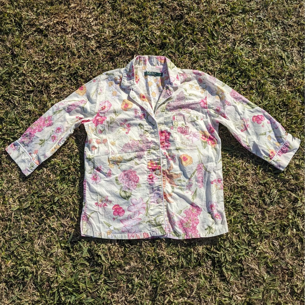 Lauren Ralph Lauren Floral Pajama Top Women's Medium Pastel Button Up PJs Shirt